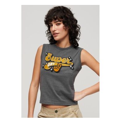 Superdry für Damen. W6011898A T-Shirt mit grauen Retro-Besätzen (S), Lässig, Baumwolle, Ärmellos / Hosenträger Superdry für Damen. W6011898A T-Shirt mit grauen Retro-Besätzen (S), Lässig, Baumwolle, Ärmellos / Hosenträger