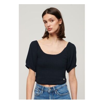 Superdry für Damen. W6011857A Gestricktes T-Shirt mit Rüschen in Navy (XXS), Lässig, Viskose, Kurzarm, Marine Superdry für Damen. W6011857A Gestricktes T-Shirt mit Rüschen in Navy (XXS), Lässig, Viskose, Kurzarm, Marine