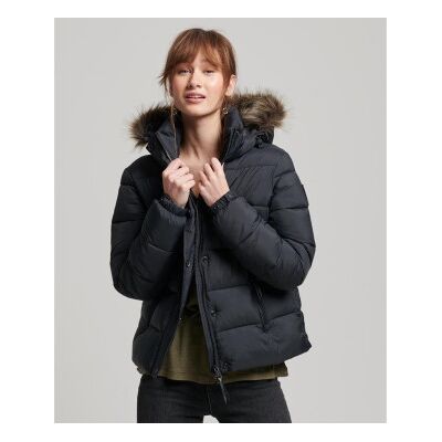Superdry für Damen. W5011569A Kurze Steppjacke mit Kapuze und schwarzem Kunstfellbesatz (XL), Lässig, Polyester, Nachhaltig Superdry für Damen. W5011569A Kurze Steppjacke mit Kapuze und schwarzem Kunstfellbesatz (XL), Lässig, Polyester, Nachhaltig