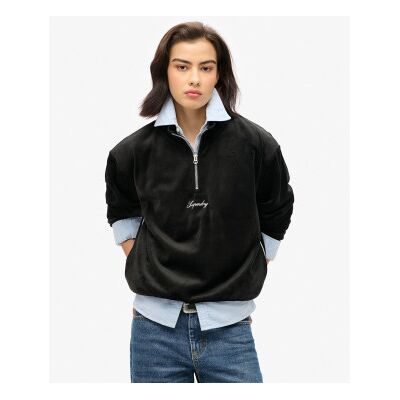 Superdry für Damen. W2012206A Country Club Velour Sweatshirt mit halbem Reißverschluss schwarz (S), Lässig, Polyester, Langarm Superdry für Damen. W2012206A Country Club Velour Sweatshirt mit halbem Reißverschluss schwarz (S), Lässig, Polyester, Langarm