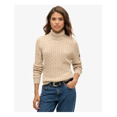 Superdry für Damen. W6110614A Lockerer Pullover mit Zopfmuster und Umschlagkragen, taupe (L), Lässig, Baumwolle, Langarm Superdry für Damen. W6110614A Lockerer Pullover mit Zopfmuster und Umschlagkragen, taupe (L), Lässig, Baumwolle, Langarm