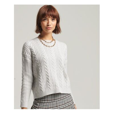 Superdry für Damen. W6110166A Grauer, geflochtener Strickpullover mit Rundhalsausschnitt und überschnittenen Schultern (L), Lässig, Baumwoll Superdry für Damen. W6110166A Grauer, geflochtener Strickpullover mit Rundhalsausschnitt und überschnittenen Schultern (L), Lässig, Baumwoll