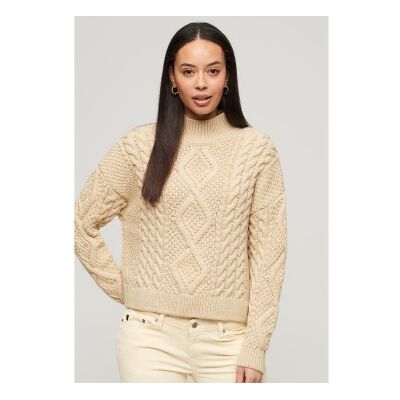 Superdry für Damen. W6110547A Beigefarbener geflochtener Aran-Strickpullover (M), Lässig, Acryl, Langarm Superdry für Damen. W6110547A Beigefarbener geflochtener Aran-Strickpullover (M), Lässig, Acryl, Langarm
