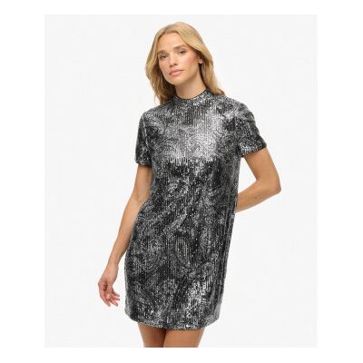 Superdry für Damen. W8012021A Silbernes Paillettenkleid (S), Party, Polyester, Kurzarm Superdry für Damen. W8012021A Silbernes Paillettenkleid (S), Party, Polyester, Kurzarm