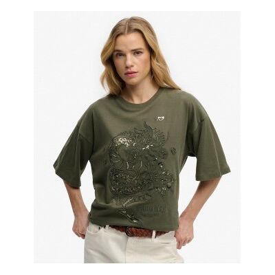 Superdry für Damen. W1011764A Grünes T-Shirt mit Tattoo-Verzierung in Übergröße (XS), Lässig, Baumwolle, Kurzarm Superdry für Damen. W1011764A Grünes T-Shirt mit Tattoo-Verzierung in Übergröße (XS), Lässig, Baumwolle, Kurzarm