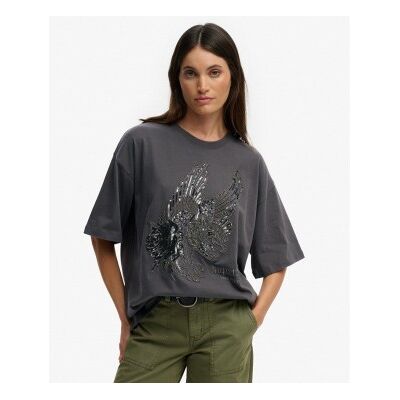 Superdry für Damen. W1011764A Tattoo Embellish T-Shirt in Übergröße grau (S), Lässig, Baumwolle, Kurzarm Superdry für Damen. W1011764A Tattoo Embellish T-Shirt in Übergröße grau (S), Lässig, Baumwolle, Kurzarm