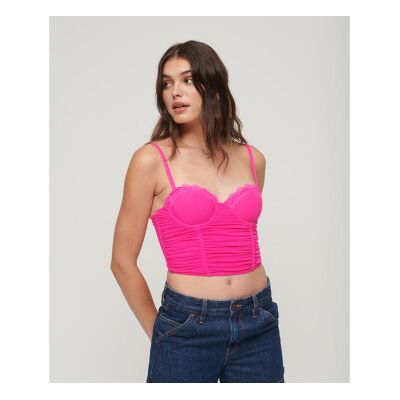 Superdry für Damen. W6011801A Kurzes Korsett-Top aus rosa Rüschen-Netz (XS), Lässig, Polyester, Ärmellos / Hosenträger Superdry für Damen. W6011801A Kurzes Korsett-Top aus rosa Rüschen-Netz (XS), Lässig, Polyester, Ärmellos / Hosenträger