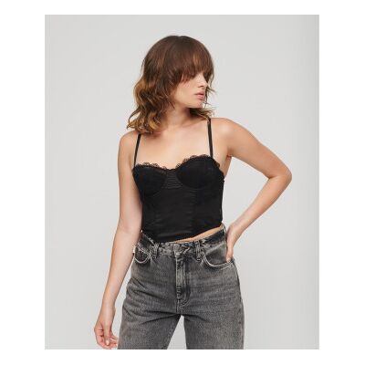 Superdry für Damen. W6011751A Korsett-Oberteil aus Satin mit schwarzer Netzspitze (L), Lässig, Polyamid, Ärmellos / Hosenträger Superdry für Damen. W6011751A Korsett-Oberteil aus Satin mit schwarzer Netzspitze (L), Lässig, Polyamid, Ärmellos / Hosenträger