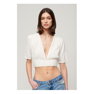 Superdry für Damen. W6011858A Kurzärmeliges Top mit Spitzenbesatz Ibiza weiß (M), Lässig, Baumwolle, Kurzarm Superdry für Damen. W6011858A Kurzärmeliges Top mit Spitzenbesatz Ibiza weiß (M), Lässig, Baumwolle, Kurzarm