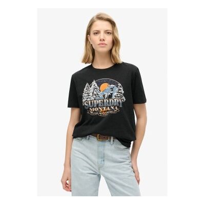 Superdry für Damen. W1011519A Reise-Souvenir-T-Shirt schwarz (S), Lässig, Baumwolle, Kurzarm Superdry für Damen. W1011519A Reise-Souvenir-T-Shirt schwarz (S), Lässig, Baumwolle, Kurzarm