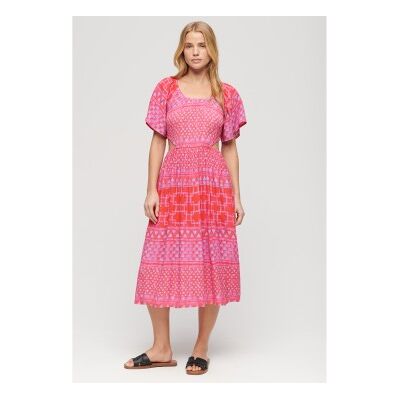 Superdry für Damen. W8011676A Pinkfarbenes bedrucktes Midikleid mit Cut-Out-Muster (M), Lässig, Rosa, Viskose, Kurzarm Superdry für Damen. W8011676A Pinkfarbenes bedrucktes Midikleid mit Cut-Out-Muster (M), Lässig, Rosa, Viskose, Kurzarm