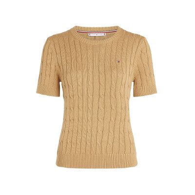 Tommy Hilfiger für Damen. WW0WW38744 Geflochtener Strickpullover mit braunen kurzen Ärmeln (S), Lässig, Baumwolle, Kurzarm Tommy Hilfiger für Damen. WW0WW38744 Geflochtener Strickpullover mit braunen kurzen Ärmeln (S), Lässig, Baumwolle, Kurzarm