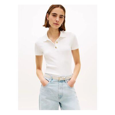 Tommy Hilfiger für Damen. WW0WW49252 Schmal geschnittenes Poloshirt mit beigen Goldknöpfen (M), Lässig, Baumwolle, Kurzarm Tommy Hilfiger für Damen. WW0WW49252 Schmal geschnittenes Poloshirt mit beigen Goldknöpfen (M), Lässig, Baumwolle, Kurzarm