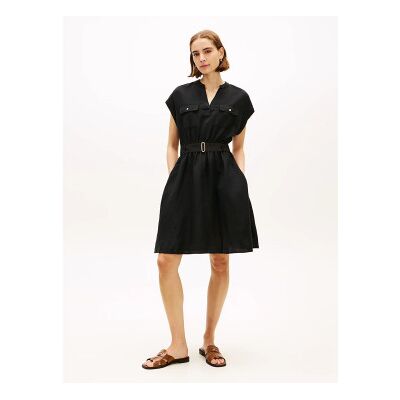 Tommy Hilfiger für Damen. WW0WW49659 Kurzes Hemdkleid mit schwarzem Gürtel (XS), Lässig, Leinen Tommy Hilfiger für Damen. WW0WW49659 Kurzes Hemdkleid mit schwarzem Gürtel (XS), Lässig, Leinen