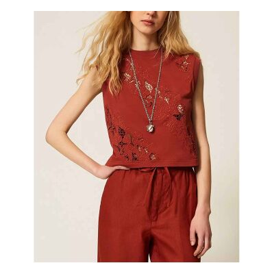Twinset für Damen. 261TT2050 T-Shirt mit rötlicher Schweizer Stickerei (M), Rot, Lässig, Baumwolle Twinset für Damen. 261TT2050 T-Shirt mit rötlicher Schweizer Stickerei (M), Rot, Lässig, Baumwolle