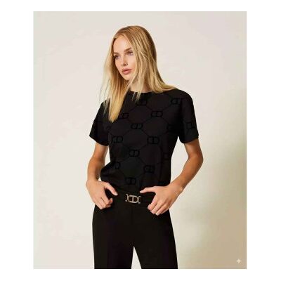 Twinset für Damen. 252TP2055 Ovales T-Shirt mit Flockdruck T schwarz (L), Lässig, Baumwolle, Kurzarm Twinset für Damen. 252TP2055 Ovales T-Shirt mit Flockdruck T schwarz (L), Lässig, Baumwolle, Kurzarm