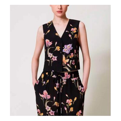 Twinset für Damen. 251TP2777 Weste aus Crêpe de Chine mit schwarzen Blumen (44), Lässig, Viskose Twinset für Damen. 251TP2777 Weste aus Crêpe de Chine mit schwarzen Blumen (44), Lässig, Viskose