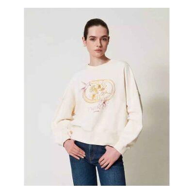 Twinset für Damen. 251TP2484 Beigefarbenes Sweatshirt mit Kolibri-Druck (M), Lässig, Baumwolle Twinset für Damen. 251TP2484 Beigefarbenes Sweatshirt mit Kolibri-Druck (M), Lässig, Baumwolle
