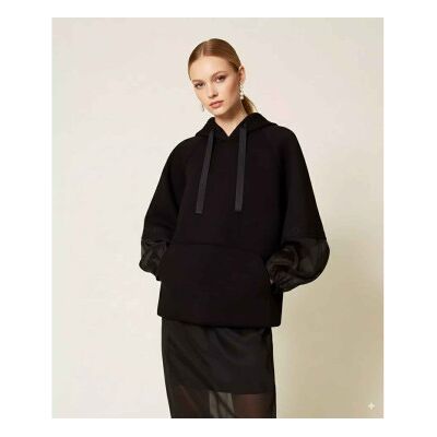 Twinset für Damen. 252TP2194 Schwarzes Sweatshirt aus Scuba und Organza (42), Lässig, Viskose Twinset für Damen. 252TP2194 Schwarzes Sweatshirt aus Scuba und Organza (42), Lässig, Viskose