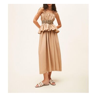 Twinset für Damen. 261TF2030 Popeline-Kleid mit beiger Rüsche (38), Lässig, Party, Baumwolle, Ärmellos / Hosenträger Twinset für Damen. 261TF2030 Popeline-Kleid mit beiger Rüsche (38), Lässig, Party, Baumwolle, Ärmellos / Hosenträger