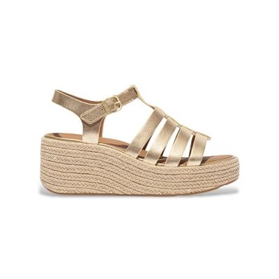 Fitflop für Damen. JF5-675 Goldene Espadrilles mit Keilabsatz aus Leder im Fischer-Stil (39), 5 bis 8 cm, Schnalle, Lässig Fitflop für Damen. JF5-675 Goldene Espadrilles mit Keilabsatz aus Leder im Fischer-Stil (39), 5 bis 8 cm, Schnalle, Lässig