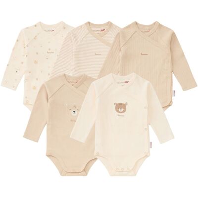 Bornino 5er-Pack Wickelbodys langarm Ringel Bär beige Bornino 5er-Pack Wickelbodys langarm Ringel Bär beige