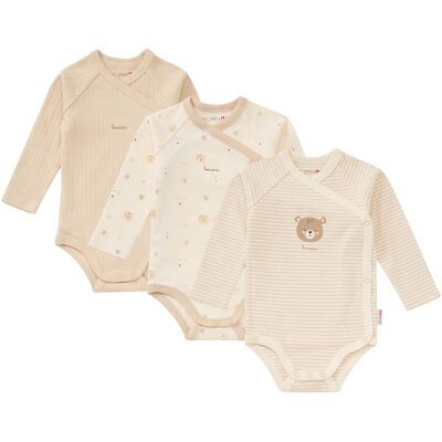 Bornino 3er-Pack Wickelbodys langarm Ringel Bär beige Bornino 3er-Pack Wickelbodys langarm Ringel Bär beige
