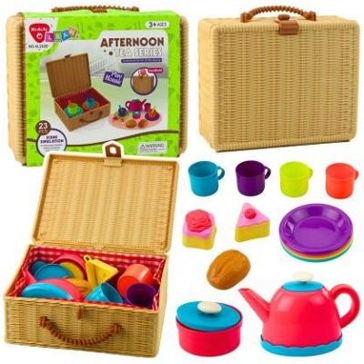 Lean Toys, Kaufladen Zubehör, Teeservice im Korb, Tassen, Teller, Süssigkeiten, 23-teilig. Lean Toys, Kaufladen Zubehör, Teeservice im Korb, Tassen, Teller, Süssigkeiten, 23-teilig.