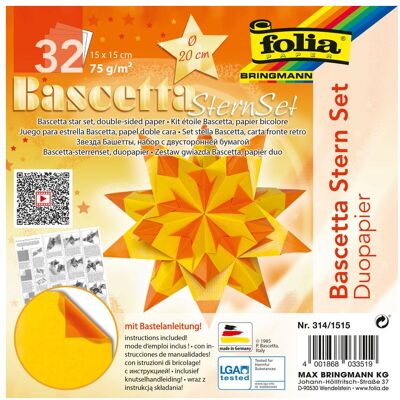 Folia, Bastelpapier, Faltbl„tter Bascetta-Stern, 150 x 150 mm, gelb/orange (75 g/m², 32x) Folia, Bastelpapier, Faltbl„tter Bascetta-Stern, 150 x 150 mm, gelb/orange (75 g/m², 32x)