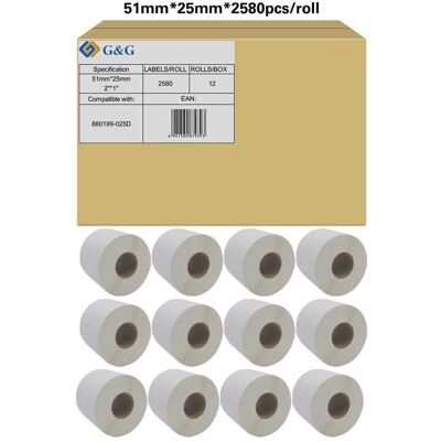 G&G, Etikettenrolle, 12x Etikettenrollen kompatibel mit Zebra 880199-025D (51 mm) G&G, Etikettenrolle, 12x Etikettenrollen kompatibel mit Zebra 880199-025D (51 mm)