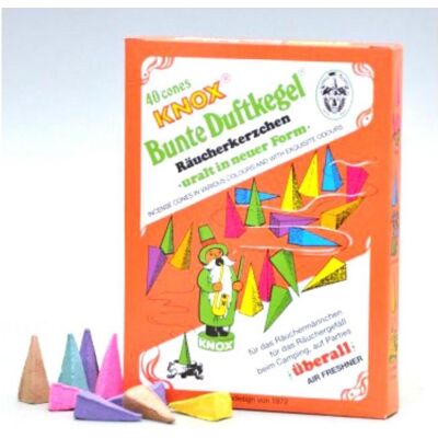 Knox, Räucherstäbchen, Räucherkerzen "bunte Duftkegel" - Nostalgie-DDR-Export-Design, 40 Stk. Knox, Räucherstäbchen, Räucherkerzen "bunte Duftkegel" - Nostalgie-DDR-Export-Design, 40 Stk.
