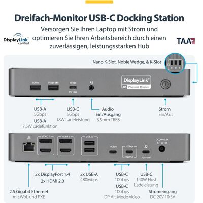StarTech 3x Monitor Docking Station 4k 60hz Hdmi/Displayport Taa (USB-C), Dockingstation + USB Hub, Grau StarTech 3x Monitor Docking Station 4k 60hz Hdmi/Displayport Taa (USB-C), Dockingstation + USB Hub, Grau