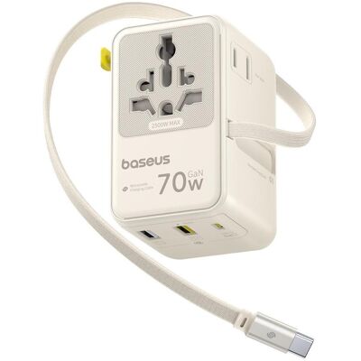 Baseus, Reiseadapter, Adapter podróżny EnerCore CG11 70W 6w1 ze zwijanym kablem USB-C - biały Baseus, Reiseadapter, Adapter podróżny EnerCore CG11 70W 6w1 ze zwijanym kablem USB-C - biały