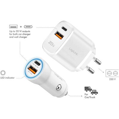 LogiLink USB-Ladeset, 20 W, 1x Kfz- & 1x Steckdosenadapter, je 1x USB-A+USB-C, weiss (20 W), USB Ladegerät, Weiss LogiLink USB-Ladeset, 20 W, 1x Kfz- & 1x Steckdosenadapter, je 1x USB-A+USB-C, weiss (20 W), USB Ladegerät, Weiss