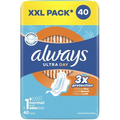 Always, Binden, Ultra Normal Sanitary Pads With Wings - Comfortable And Reliable Protection (40x) Always, Binden, Ultra Normal Sanitary Pads With Wings - Comfortable And Reliable Protection (40x)