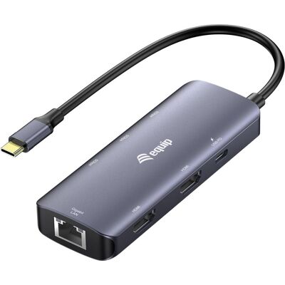 Equip Adapter USB-C->2xHDMI/RJ45/2xUSB-A/USB-C3.2 St/Bu grau (USB-C), Dockingstation + USB Hub, Grau Equip Adapter USB-C->2xHDMI/RJ45/2xUSB-A/USB-C3.2 St/Bu grau (USB-C), Dockingstation + USB Hub, Grau