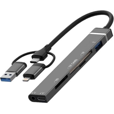 PowerGuard All-for-All USB-C, UBS-A & Lightning Audio & Photo Camera Cardreader, Dockingstation + USB Hub, Schwarz, Grau PowerGuard All-for-All USB-C, UBS-A & Lightning Audio & Photo Camera Cardreader, Dockingstation + USB Hub, Schwarz, Grau