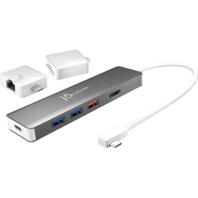 j5Create USB-C Modular Multi-Adapter (USB-C, 7 Ports), Dockingstation + USB Hub, Silber, Weiss j5Create USB-C Modular Multi-Adapter (USB-C, 7 Ports), Dockingstation + USB Hub, Silber, Weiss