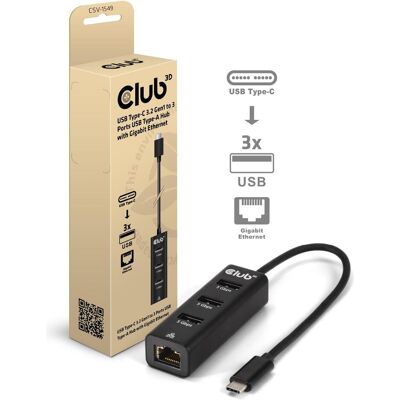 Club 3D Club3D USB-Hub USB Typ-C 3.2 > 3x USB Typ A Gigabit Ethernet retail (USB-C, 4 Ports), Dockingstation + USB Hub, Schwarz Club 3D Club3D USB-Hub USB Typ-C 3.2 > 3x USB Typ A Gigabit Ethernet retail (USB-C, 4 Ports), Dockingstation + USB Hub, Schwarz