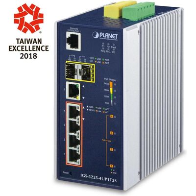 Planet Industrial L2+ 4-Port 10/100/1000T Ultra PoE + (5 Ports), Netzwerk Switch, Schwarz Planet Industrial L2+ 4-Port 10/100/1000T Ultra PoE + (5 Ports), Netzwerk Switch, Schwarz
