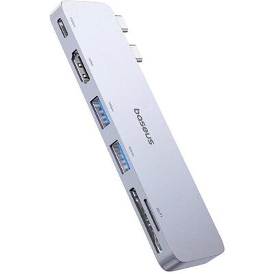 Baseus Hub 6in1 UltraJoy 2xUSB-C to USB-C+HDMI 4K@30Hz+2xUSB+SD/TF (grey) (USB-C, 6 Ports), Dockingstation + USB Hub, Grau Baseus Hub 6in1 UltraJoy 2xUSB-C to USB-C+HDMI 4K@30Hz+2xUSB+SD/TF (grey) (USB-C, 6 Ports), Dockingstation + USB Hub, Grau