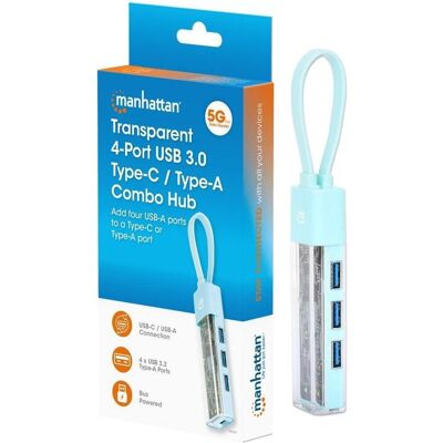 Manhattan Hub USB 3.2 Gen1 Typ-C/A 4x USB-A 3.0 pasywny przezroczysty (USB-A, USB-C, 4 Ports), Dockingstation + USB Hub, Transparent Manhattan Hub USB 3.2 Gen1 Typ-C/A 4x USB-A 3.0 pasywny przezroczysty (USB-A, USB-C, 4 Ports), Dockingstation + USB Hub, Transparent