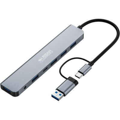 Urban Factory Minee 7in1 USB-A/C Hub (USB-A, 7 Ports), Dockingstation + USB Hub, Grau Urban Factory Minee 7in1 USB-A/C Hub (USB-A, 7 Ports), Dockingstation + USB Hub, Grau
