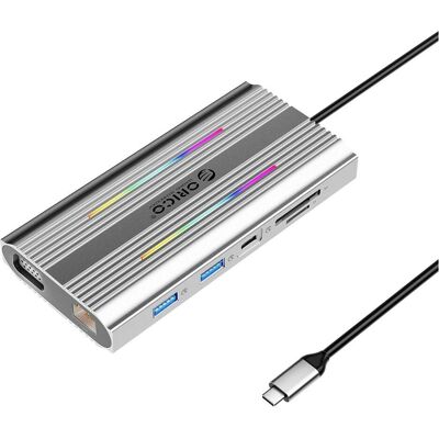 Orico USB-C 12w1 RGB 2xUSB-A 1xUSB-C PD 100W 2x HDMI 4K 60Hz 1xVGA 1xRJ45 Gigabit - szara (USB-C, 12 Ports), Dockingstation + USB Hub, Grau Orico USB-C 12w1 RGB 2xUSB-A 1xUSB-C PD 100W 2x HDMI 4K 60Hz 1xVGA 1xRJ45 Gigabit - szara (USB-C, 12 Ports), Dockingstation + USB Hub, Grau
