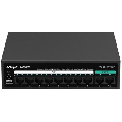 Ruijie 8-Port 100Mbps + 2 Uplink Port 1000Mbps, 8 of the ports support PoE/PoE+ power supply. Max PoE power (10 Ports), Netzwerk Switch, Schwarz Ruijie 8-Port 100Mbps + 2 Uplink Port 1000Mbps, 8 of the ports support PoE/PoE+ power supply. Max PoE power (10 Ports), Netzwerk Switch, Schwarz