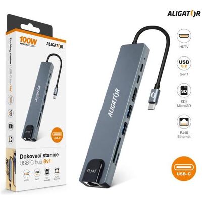 Aligator USB-C Dockingstation / Hub 8in1 (USB-C / 2xUSB / SD / MicroSD/ HDTV / RJ45) (USB-C, 8 Ports), Dockingstation + USB Hub, Schwarz Aligator USB-C Dockingstation / Hub 8in1 (USB-C / 2xUSB / SD / MicroSD/ HDTV / RJ45) (USB-C, 8 Ports), Dockingstation + USB Hub, Schwarz