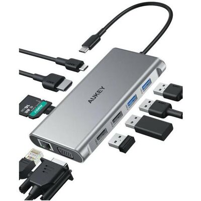 Aukey aluminiowy Hub USB-C 10w1 RJ45 Ethernet 10/100/1000Mbps 4xUSB HDMI 4k@30Hz SD i micr (USB-C, 10 Ports), Dockingstation + USB Hub, Grau Aukey aluminiowy Hub USB-C 10w1 RJ45 Ethernet 10/100/1000Mbps 4xUSB HDMI 4k@30Hz SD i micr (USB-C, 10 Ports), Dockingstation + USB Hub, Grau