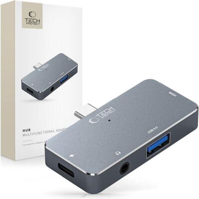 Tech-Protect HUB V6 4in1 USB-C - USB-A 3.0 / USB-C PD100W / HDMI / mini jack 3.5mm - gray (USB-C, 4 Ports), Dockingstation + USB Hub, Grau Tech-Protect HUB V6 4in1 USB-C - USB-A 3.0 / USB-C PD100W / HDMI / mini jack 3.5mm - gray (USB-C, 4 Ports), Dockingstation + USB Hub, Grau