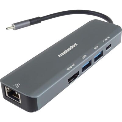 PremiumCord -Adapter USB-C auf HDMI + 2x USB3.2 + PD 100W+ RJ45 10/100/1000Mbps (USB-C), Dockingstation + USB Hub, Grau PremiumCord -Adapter USB-C auf HDMI + 2x USB3.2 + PD 100W+ RJ45 10/100/1000Mbps (USB-C), Dockingstation + USB Hub, Grau