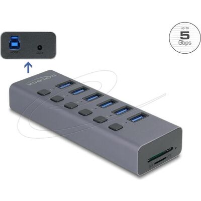 Delock Externer USB 5 Gbps 6 Port Hub mit Schalter und SD / (USB-A, USB-C, 6 Ports), Dockingstation + USB Hub, Grau Delock Externer USB 5 Gbps 6 Port Hub mit Schalter und SD / (USB-A, USB-C, 6 Ports), Dockingstation + USB Hub, Grau